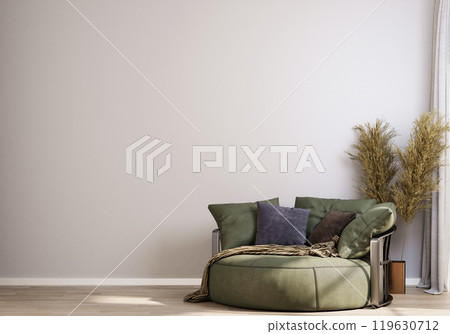 Cozy Living Room Corner with Green Chair and Dried Plants. 3D render Cozy Living Room Corner with Green Chair and Dried Plants. 3D render 119630712