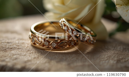 a pair of gold wedding rings 119630790