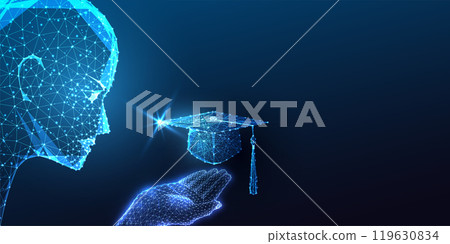 Integration of technology in education with futuristic AI robotic head holding blue graduation cap  119630834