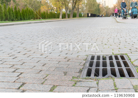 sewage water sewer flood drain rain road sewerage manhole grate street storm drainage 119630908