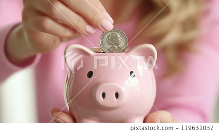 Hand putting coin into piggy bank 119631032