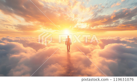 A person walking on clouds and sunrise 119631076