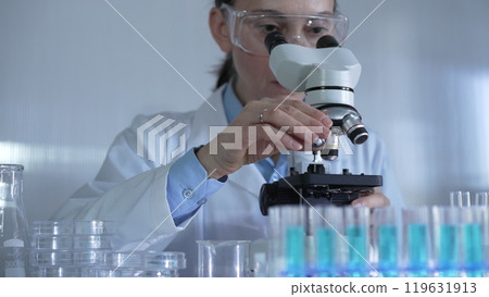 A female scientist, wearing a lab coat and safety glasses, is adjusting a binocular microscope surrounded by test tubes in laboratory setting. Medicine and science 119631913