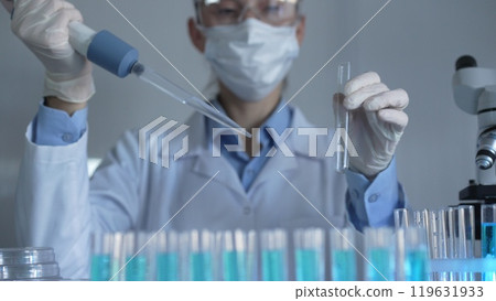 Scientist woman, wearing a lab coat, mask, blue gloves and safety glasses, is using a micropipette to drop a liquid into a test tubes. Medicine and science 119631933