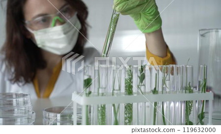 Woman scientist with dark hair wearing a lab coat, green gloves and mask holding a test tube with plants inside, close up. Science and medicine concepts 119632000
