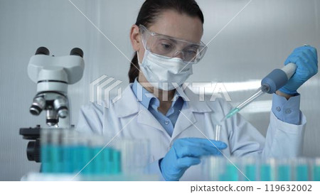Scientist woman researcher, wearing a lab coat, mask, blue gloves and safety glasses, is using a micropipette to drop a liquid into a test tube, portrait view. Medicine and science concept 119632002