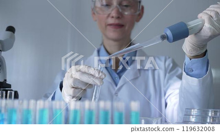 A scientist woman, wearing white gloves and safety glasses, is using a micropipette to drop a liquid into a test tubes. Medicine and science concept A scientist woman, wearing white gloves and safety glasses, is using a micropipette to drop a liquid into a test tubes. Medicine and science concept 119632008