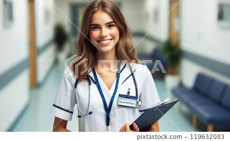 Foreign female doctor in white coat and hospital 119632083