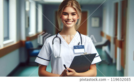 Foreign female doctor in white coat and hospital 119632085