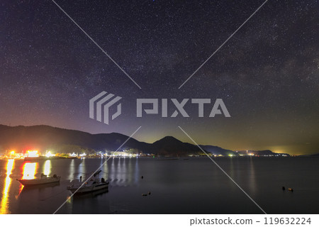 Setouchi's winter starry scenery: The Milky Way flowing in the sky above a fishing port Setouchi's winter starry scenery: The Milky Way flowing in the sky above a fishing port 119632224