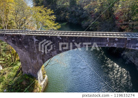 晴朗的秋日，北海道上士幌町，從仙水橋上俯瞰士幌 3 號音更河大橋遺址 119633274