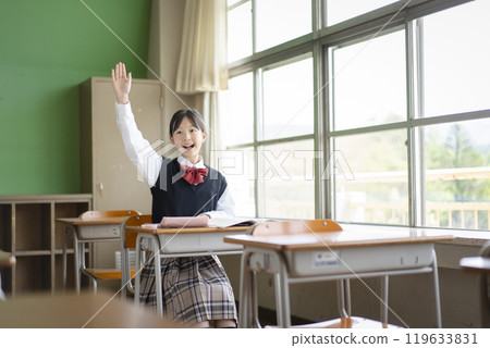 Ladies' junior high school student with a hand with smile 119633831