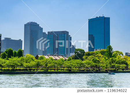 Osaka Business Park (OBP) buildings in Shiromi, Chuo-ku, Osaka City, view from Sakuranomiya Park 119634022