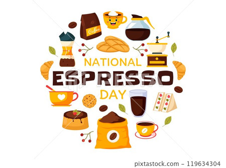 National Espresso Day Celebration Vector Illustration on November 23 Featuring a Coffee Cup and Beans in a Flat Style Cartoon Background 119634304