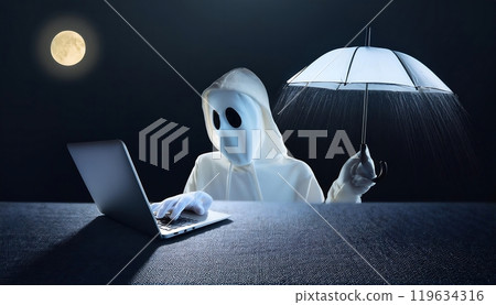 Ghost Holding an Umbrella Next to a Laptop with a Blank Screen 119634316
