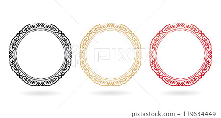 circular ornamental motif with rope inside round frames with three set colors isolated white backgrounds for texts applicable accessories, invitation birthday cards, gift paper, screen printing glass 119634449