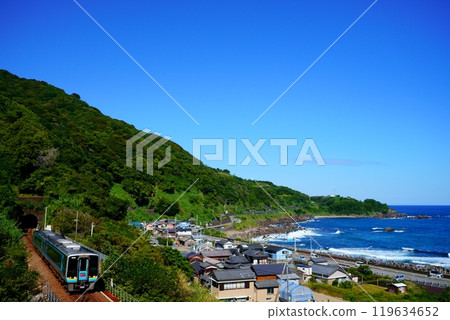 The Ashizuri Express train passes through Tosa Shirahama, a station with a view of the sea. The Ashizuri Express train passes through Tosa Shirahama, a station with a view of the sea. 119634652