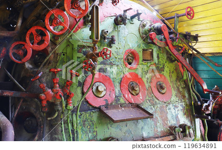 Cabin interior of an old retro steam locomotive. 119634891