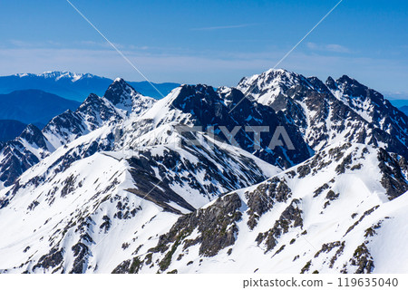 Climbing Mount Yari in the Northern Alps in early summer when snow still remains - View from the summit of Mount Yari - Hotaka mountain range 119635040