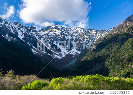 Early summer hiking in the Northern Alps: Walking along the left bank of the Azusa River from Kamikochi, Mt. Okuhotaka seen from Konashidaira 119635275