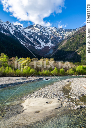 Early summer hiking in the Northern Alps: Walking along the left bank of the Azusa River from Kamikochi, Mt. Okuhotaka seen from Konashidaira 119635276