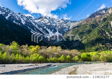 初夏的北阿爾卑斯山攀登，從上高地沿著梓川左岸小路散步，從小西平眺望奧穗高山 119635277