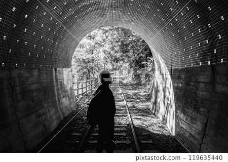 A spectacular tour of the Oigawa Railway in Shizuoka Prefecture: Abandoned railway tunnel on the Ikawa Lakeside Promenade (black and white) A spectacular tour of the Oigawa Railway in Shizuoka Prefecture: Abandoned railway tunnel on the Ikawa Lakeside Promenade (black and white) 119635440