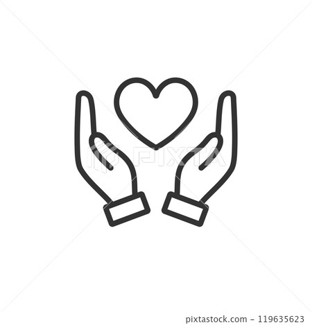 Heart icon wrapped in palm (black and white, line drawing) 119635623