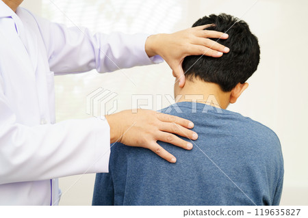 Physical therapy, Asian therapist doctor treat perform pain therapy in hospital. Physical therapy, Asian therapist doctor treat perform pain therapy in hospital. 119635827