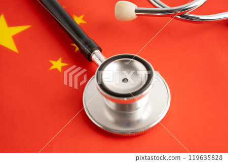 China flag with black stethoscope, Business and finance. China flag with black stethoscope, Business and finance. 119635828