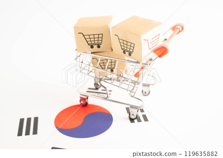 Online shopping, Shopping cart box on North Korea flag, import export, finance commerce. Online shopping, Shopping cart box on North Korea flag, import export, finance commerce. 119635882
