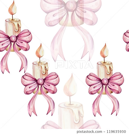 Watercolor seamless pattern - christmas candle and bow, with fir. Hand painted compositions. Winter holiday decoration in retro, vintage style. Hand drawn illustration. For wallpaper, background 119635930