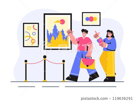 Photo Gallery Vector Illustration featuring Museum Visitors Viewing an Exhibition of Modern Abstract Paintings and Pictures in a Contemporary Design 119636291