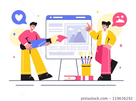 Photo Gallery Vector Illustration featuring Museum Visitors Viewing an Exhibition of Modern Abstract Paintings and Pictures in a Contemporary Design 119636292