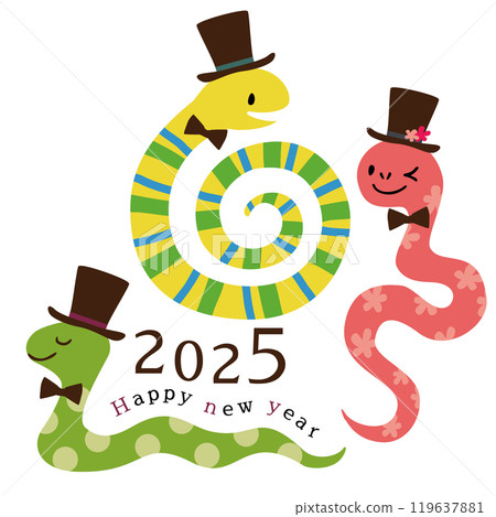 Set of three cute snake vector illustrations with top hats and bow ties 119637881