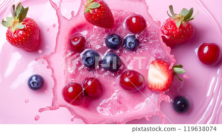 Splash of strawberry yogurt with mixed fresh fruits strawberry, cherry, blueberry. Healthy breakfast 119638074