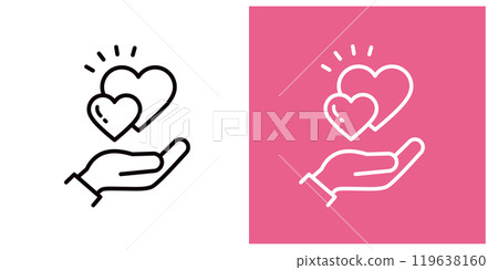 Icon set of one hand holding two hearts, large and small _ Thick outline _ Surprise 119638160