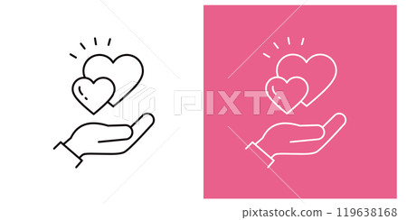 Icon set of one hand holding two hearts _ Thin outline _ Editable stroke _ Surprise 119638168