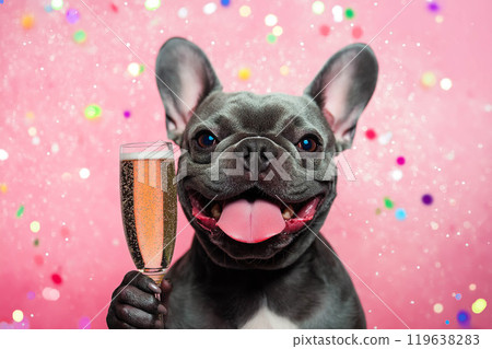 A French Bulldog drinks champagne at a New Year's Eve party, surrounded by festive decorations and colorful lights. The concept of celebration, joy, and starting the new year with style and fun. Gener 119638283