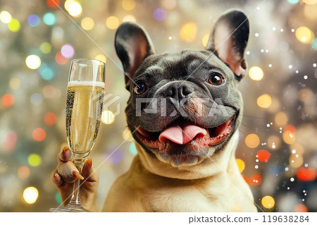 A French Bulldog drinks champagne at a New Year's Eve party, surrounded by festive decorations and colorful lights. The concept of celebration, joy, and starting the new year with style and fun. Gener 119638284