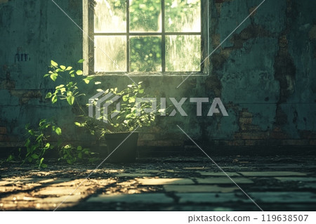 Potted plant in abandoned room with sunlight 119638507