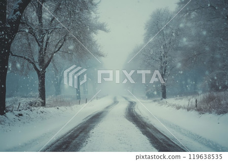 Snowy road through a winter forest during snowfall 119638535