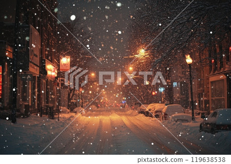 Snowy city street at night with lights 119638538