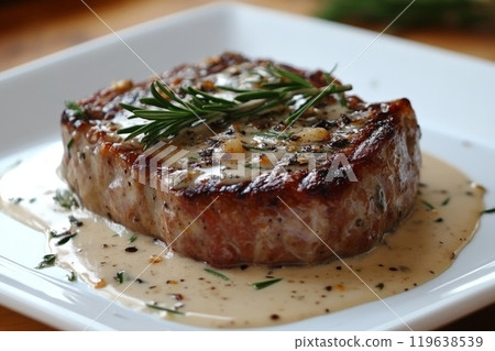 Grilled steak with creamy garlic sauce 119638539