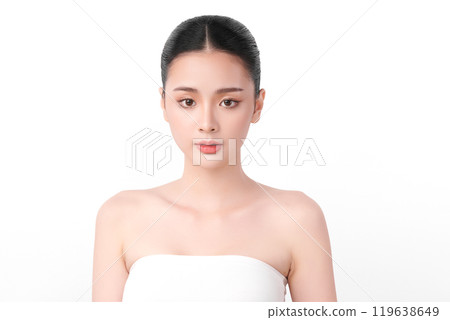 Beautiful young asian woman with clean fresh skin on white background, Face care, Facial treatment, Cosmetology, beauty and spa, Asian women portrait. Beautiful young asian woman with clean fresh skin on white background, Face care, Facial treatment, Cosmetology, beauty and spa, Asian women portrait. 119638649