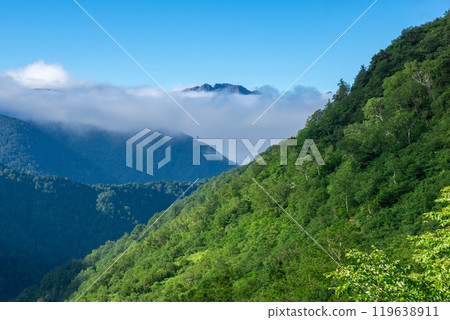 Mount Yakedake seen from Chiboiwa on the Koike Shindo trail Climbing Mount Sugoroku in the Northern Alps Mount Yakedake seen from Chiboiwa on the Koike Shindo trail Climbing Mount Sugoroku in the Northern Alps 119638911