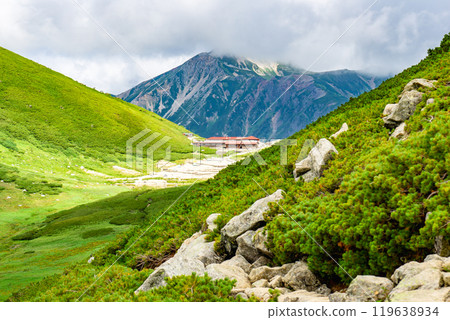 Hiking trail to Sugoroku hut. Climbing Sugoroku-dake in the Northern Alps. Hiking trail to Sugoroku hut. Climbing Sugoroku-dake in the Northern Alps. 119638934