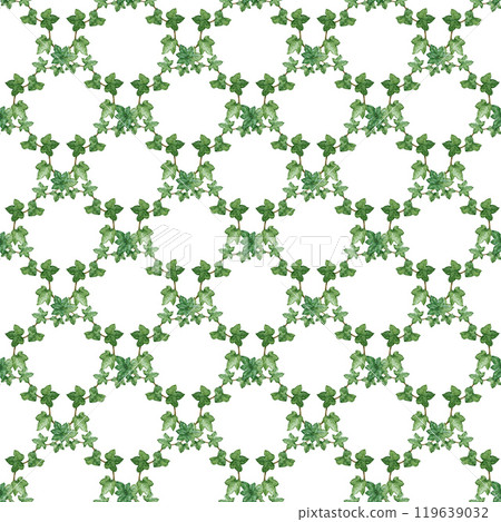 Ivy plant geometric seamless pattern. Watercolor botanical illustration. Green lush hedera helix painted image. Garden evergreen hedera plant seamless pattern element on white background 119639032