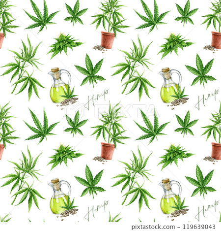 Cannabis sativa and indica plant, leaves, growing stem, oil in glass bottle seamless pattern on white background. Hemp medicinal plant painted illustration. Cannabis healthy herb decor design 119639043