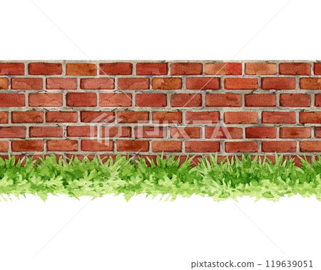 Red brick wall with green grass seamless border. Watercolor painted illustration. Brick wall surface fence outside landscape surface border. Bricky wall element isolated on white background Red brick wall with green grass seamless border. Watercolor painted illustration. Brick wall surface fence outside landscape surface border. Bricky wall element isolated on white background 119639051